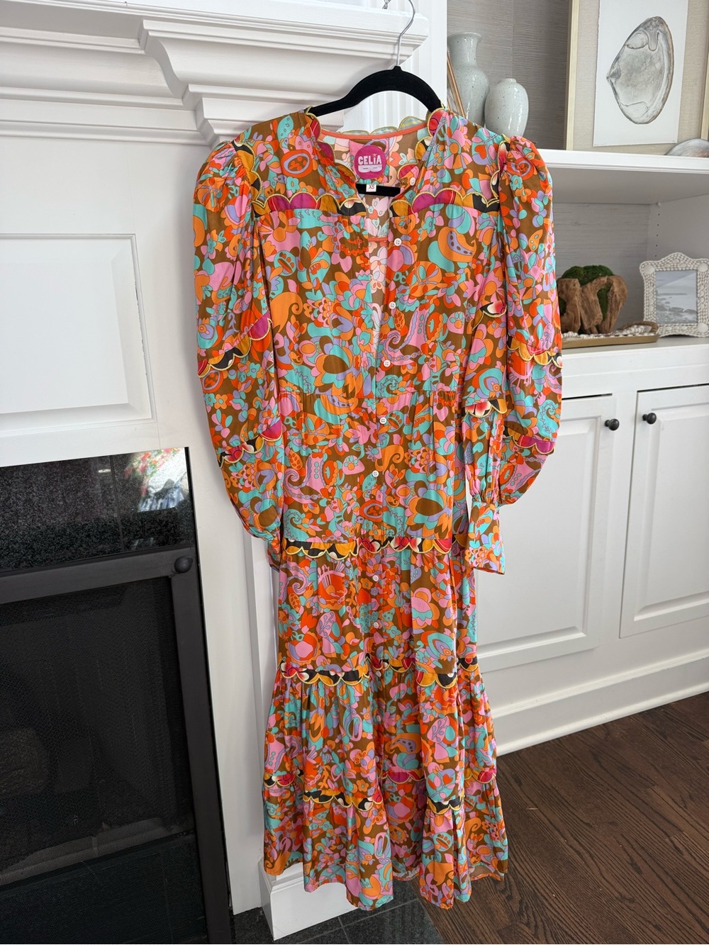 CeliaB Orange Floral Midi Dress with Puff Sleeves - Picture 3 of 11